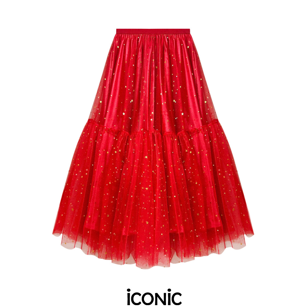 Iconic Red Dragon skirt #200540 gold star mesh skirt bling elastic waist satin lining mesh skirt fashion Chinese New Year skirt blessing skirt ราคา 3,425 บาท*ส่งฟรี