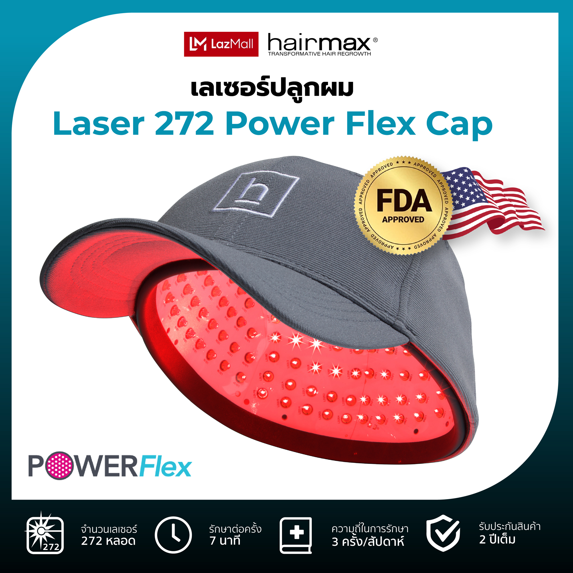 Hairmax Laser 272 Power Flex Cap - 272 Point Laser Cap, Treats Hair Loss, Thinning Hair, Hair Loss, Hair Growth Cap, Reduces Hair Loss Problems, Treats Hair Loss, Increases Hair Thickness, Grows Hair. ราคา 104,990 บาท*ส่งฟรี