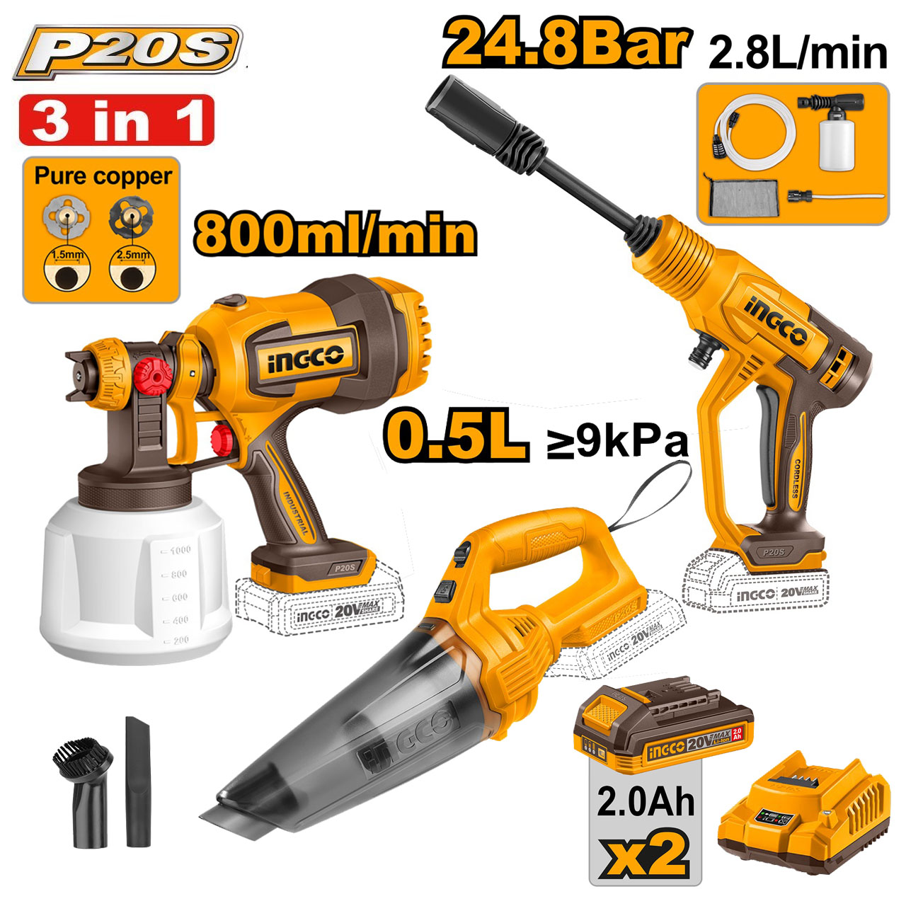 Ingco Comboset 16 3-Piece Cordless Car Cleaning Care Set (Vacuum Cleaner + Paint Sprayer + Water Pressure Gun) Complete Set with 2Ah*2 Batteries ราคา 2,699 บาท*ส่งฟรี