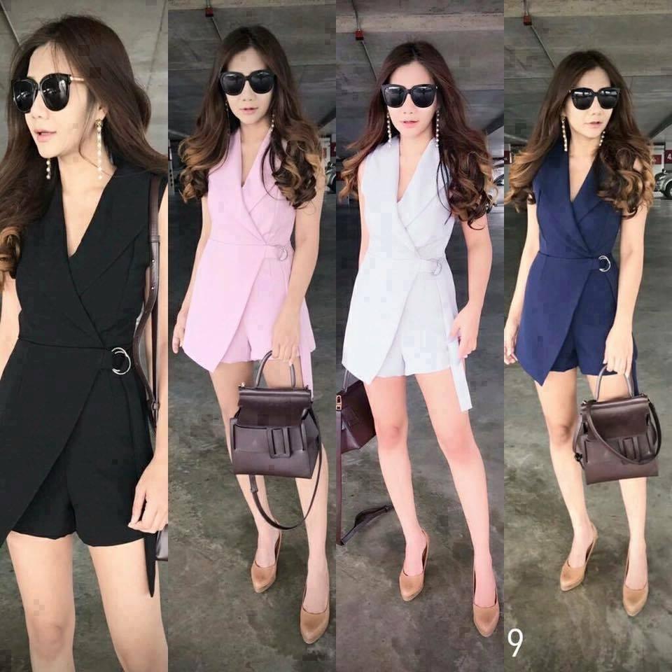 fashion250 เสื้อผ้าแฟชั่น จั้มสูทขาสั้น สีดำ,ชมพู,ขาว,กรม พร้อมส่ง