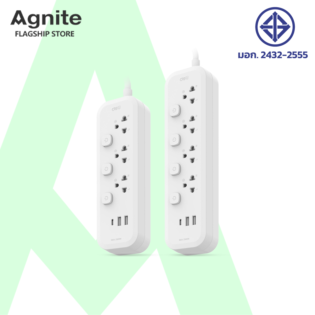 Agnite ปลั๊กไฟ ปลั๊กพ่วง ปลั๊กสามตา มีช่อง USB TypeC 3เมตร สวิตช์แยกปลั๊ก มาตรฐานสากล มอก. 2300W ประกัน 1ปี Power socket ราคา 299 บาท*ส่งฟรี