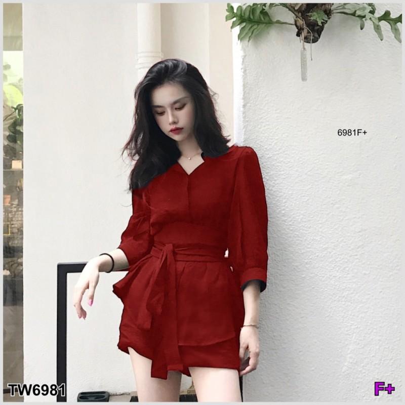 TW6981 Set 2 ชิ้น เสื้อเชิ้ตคอเต่า แขนตุ๊กตาพองๆ+กางเกงขาสั้น **สอบถามก่อนสั่งซื้อ**