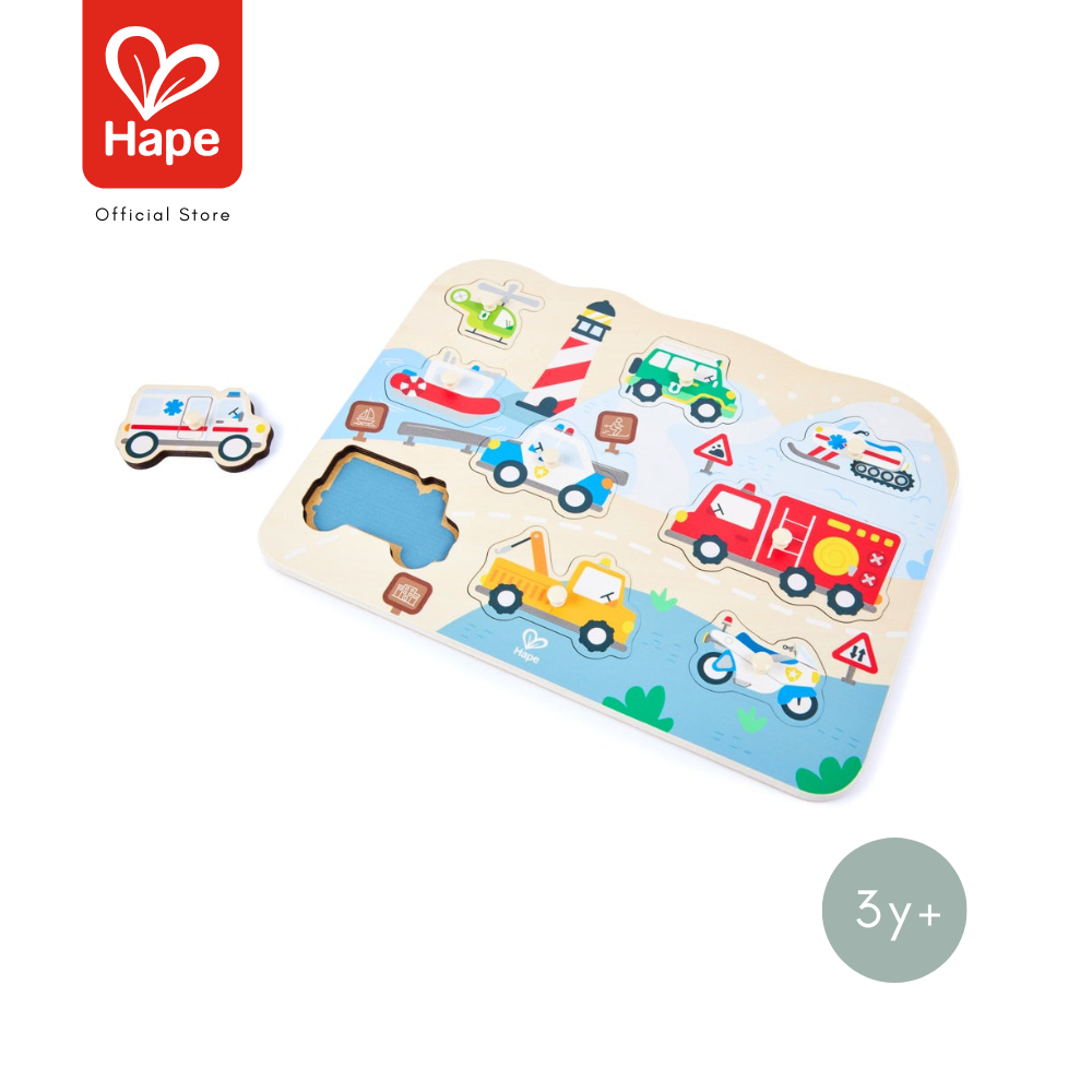 Hape - Construction Peg Puzzle Construction Vehicle Peg Puzzle 3Y+ ราคา 590 บาท*ส่งฟรี