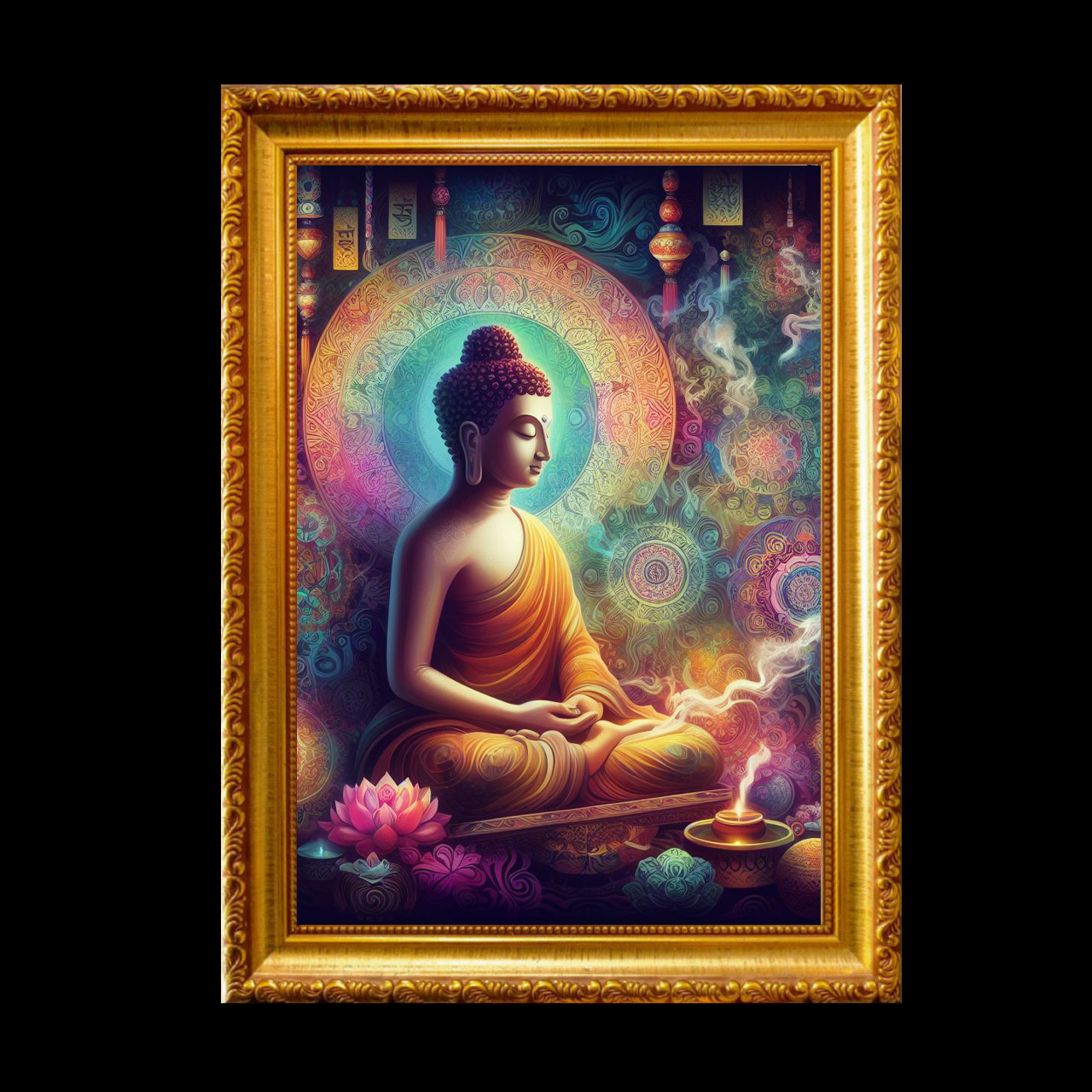 Picture of Buddha, Lotus Flower, Dharma, Samadhi, Wisdom, Sati, Buddhist Art, Gift, Picture with Frame.