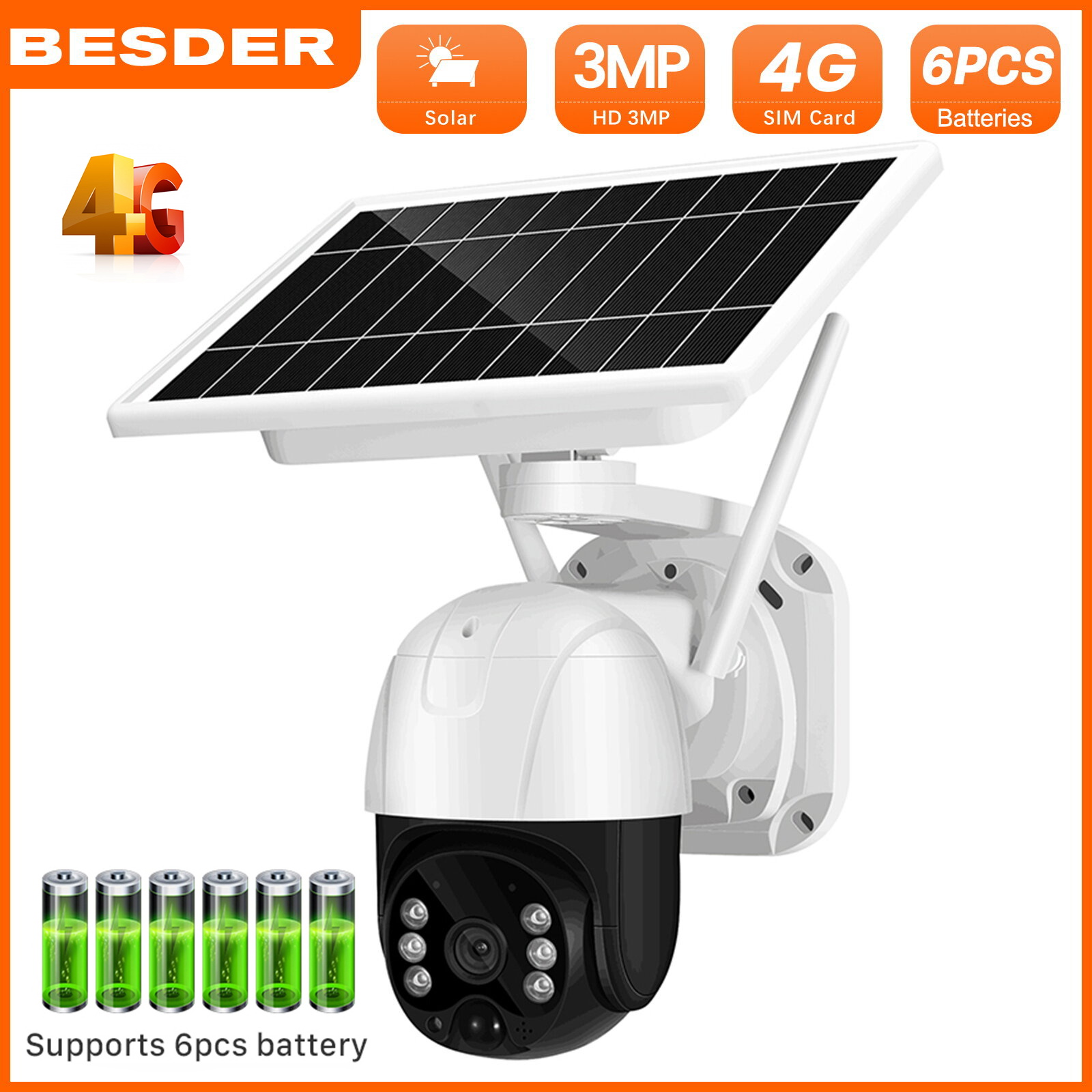 BESDER 4G SIM CCTV Solar Panel Camera 3MP HD Security Monitor Outdoor Two-way Audio Smart Home Surveillance Solar ip Camera 4G Version with Battery ราคา 4,929 บาท*ส่งฟรี