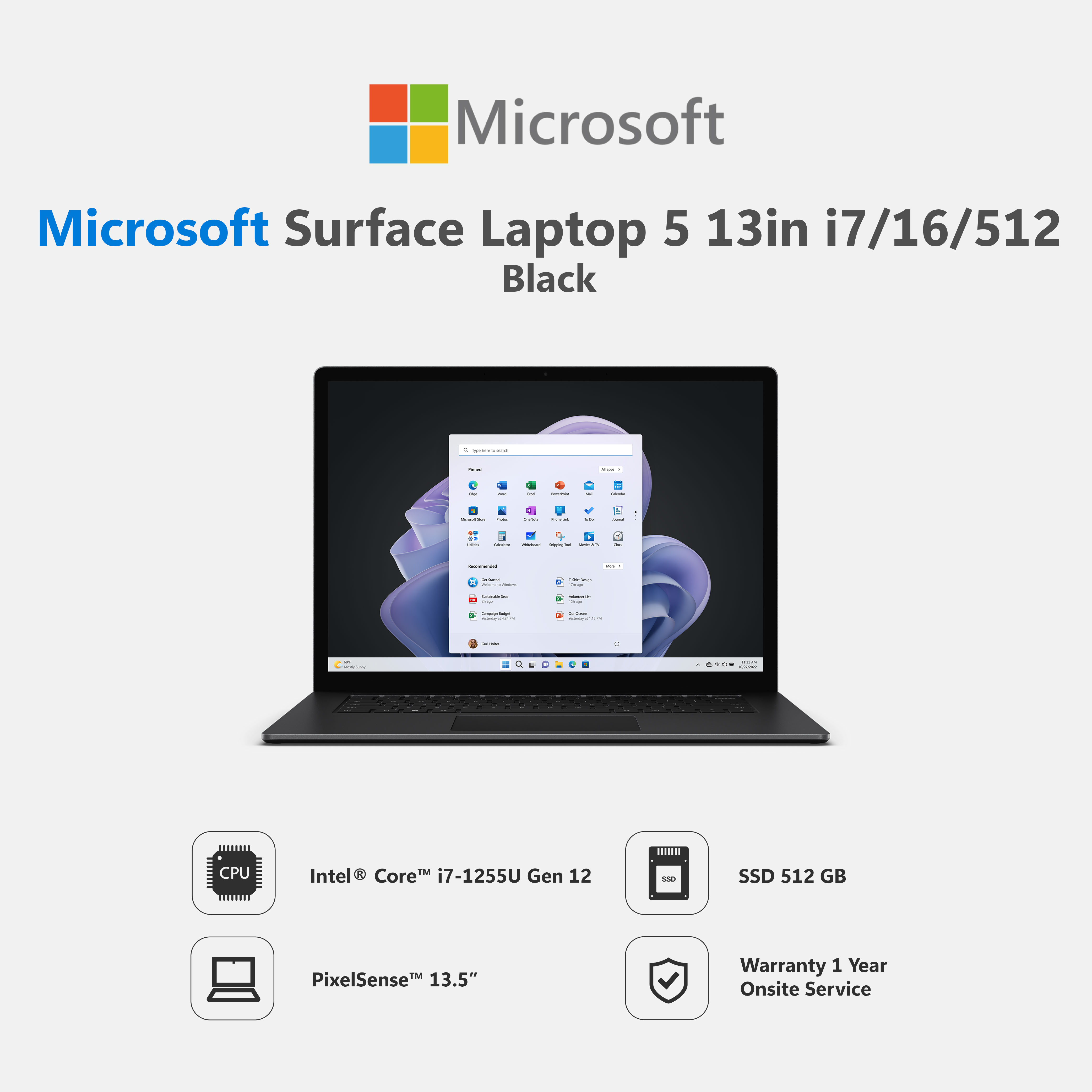 Surface Laptop 5 13in i7/16/512 Black - ยี่ห้อ Microsoft ราคา 58,890 บาท*ส่งฟรี