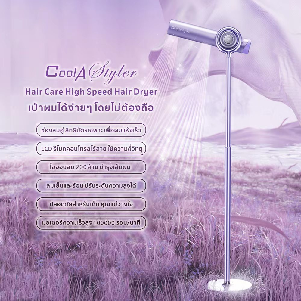 Coolastyler มอก.ไดร์เป่าผม 1700W Hair Care High Speed Hair Dryer Motor100,000RPM ใช้ความเร็วมอเตอร์สูงแทนลมร้อนเพื่อเป่าผมให้แห้ง ปกป้องเส้นผม ไดเป่าผม ที่เป่าผม ราคา 7,990 บาท*ส่งฟรี