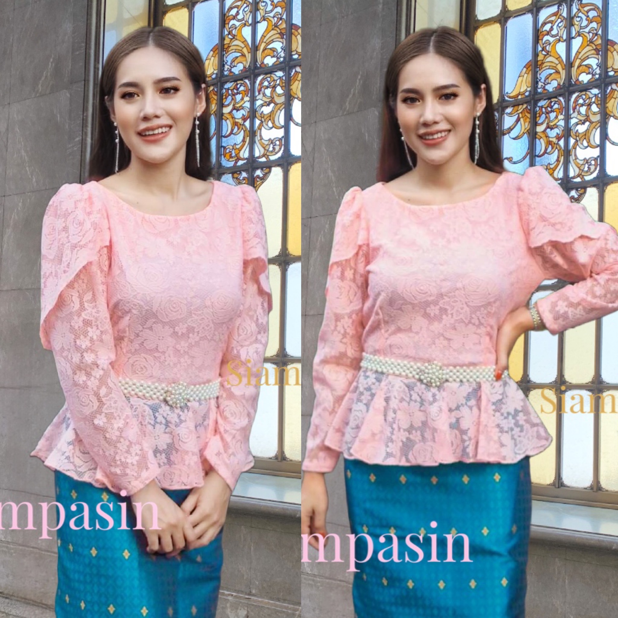 PTT เสื้อลูกไม้ ทรงสวยหรูดูดี อก 32-36, 34-38, 38-40, 40-42, 42-46 นิ้ว เสื้อลูกไม้สีโอรส เสื้อลูกไม้แขนยาว เสื้อชุดไทย สวย เสื้อคอเปิด คอปาด Blouse