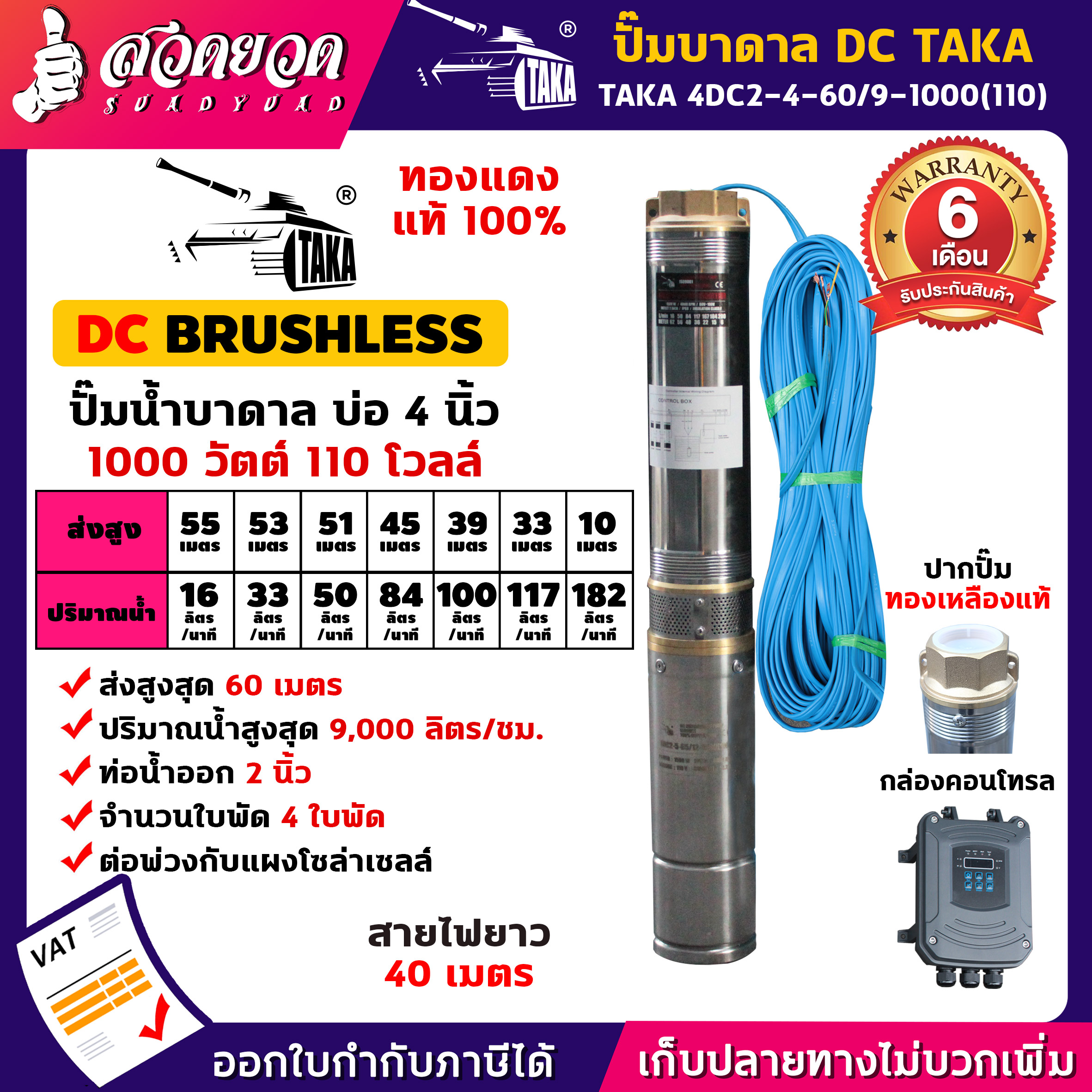 TAKA 4DC2-4-60/9-1000(110) ปั๊มน้ำบาดาล DC [กล่องควบคุม] 1000 วัตต์ บ่อ 4 นิ้ว ท่อ 2 นิ้ว 110V ซัมเมอร์ส1000วัตต์ ปั๊มบาดาล ซัมเมอร์ส ซับเมอร์ส ปั๊มซัมเมอร์ส ปั๊มน้ำโซล่าเซลล์ ซัมเมอร์สบาดาล ซัมเมอร์สโซล่า ดูดน้ำบาดาล [รับประกัน 6 เดือน!] สวดยวด ราคา 8,390 บาท*ส่งฟรี