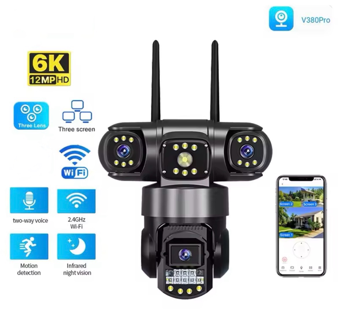 V380 Pro 3 เลนส์ 3 หน้าจอ พร้อมระบบ Wi-Fi PTZ สี การมองเห็นได้ในเวลากลางคืน การตรวจจับการเคลื่อนไหว ระบบเสียงสองทาง IP66 ราคา 845 บาท*ส่งฟรี