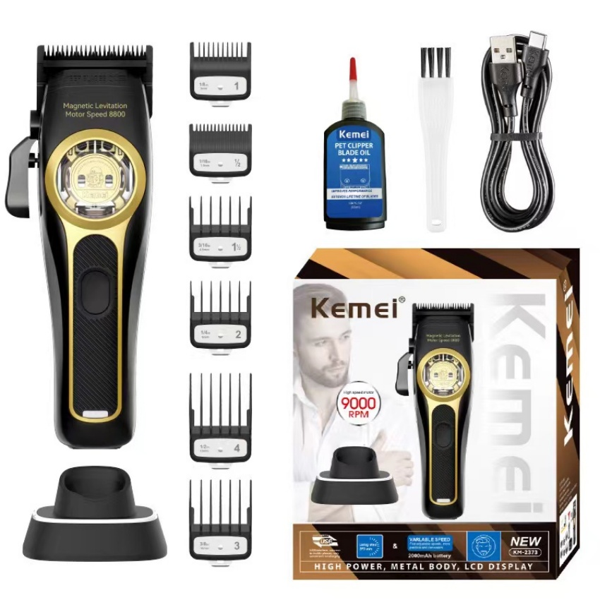 （รับประกัน1ปี）Kemei ทริมเมอร์ มืออาชีพ เครื่องตัดแต่งขน มอเตอร์แม็กเลฟ เครื่องตัดผม ฐานชาร์จ เครื่องตัดผม ปัตตาเลี่ยนสำหรับผู้ชาย KM-2373 ราคา 3,394 บาท*ส่งฟรี