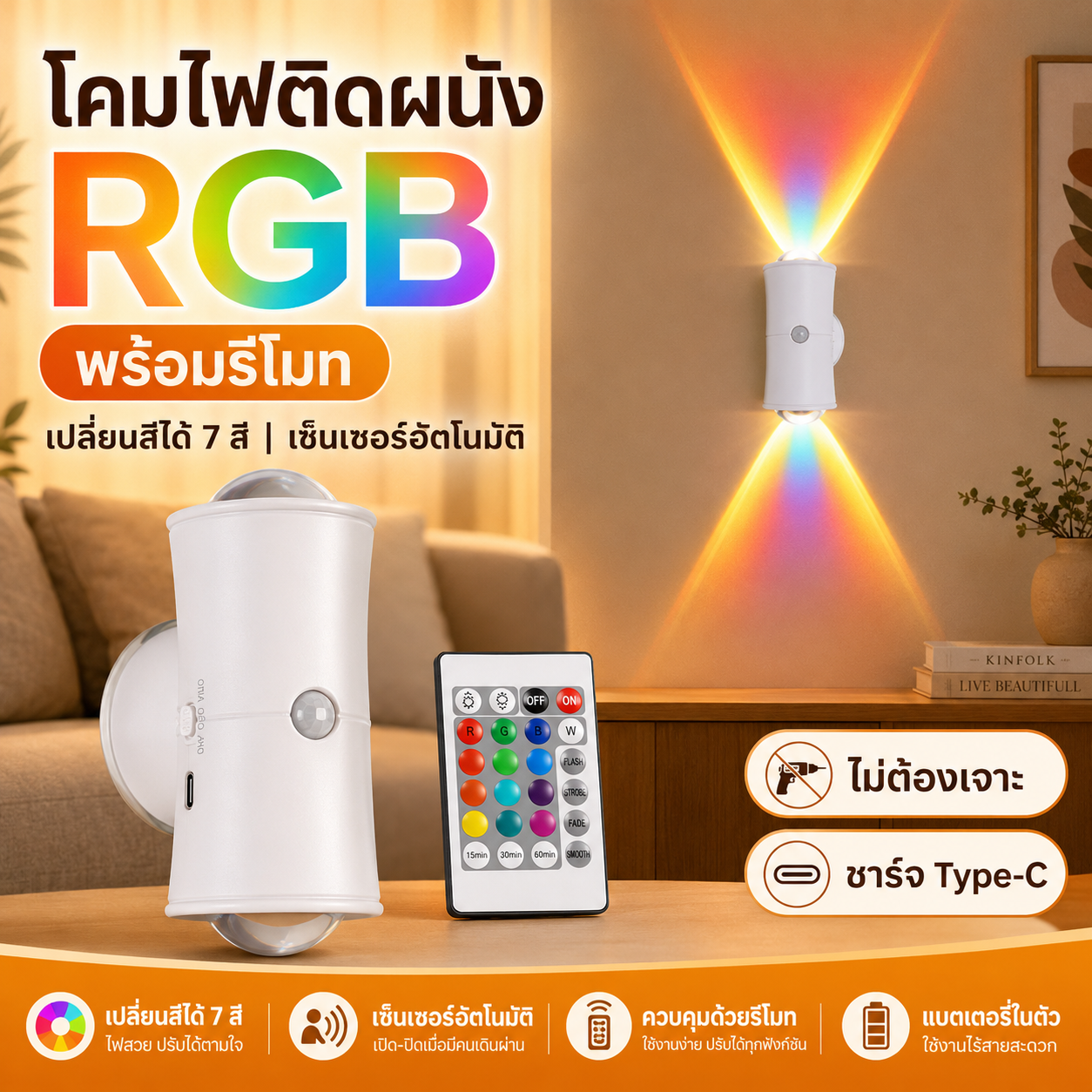 ✨ Magnetic Sensor Lamp, USB Rechargeable Led Light, Night Light, Atmosphere Light. Mountain Light Effect, 2-Head Lamp, Can Change 7 Colors. ราคา 131 บาท*ส่งฟรี
