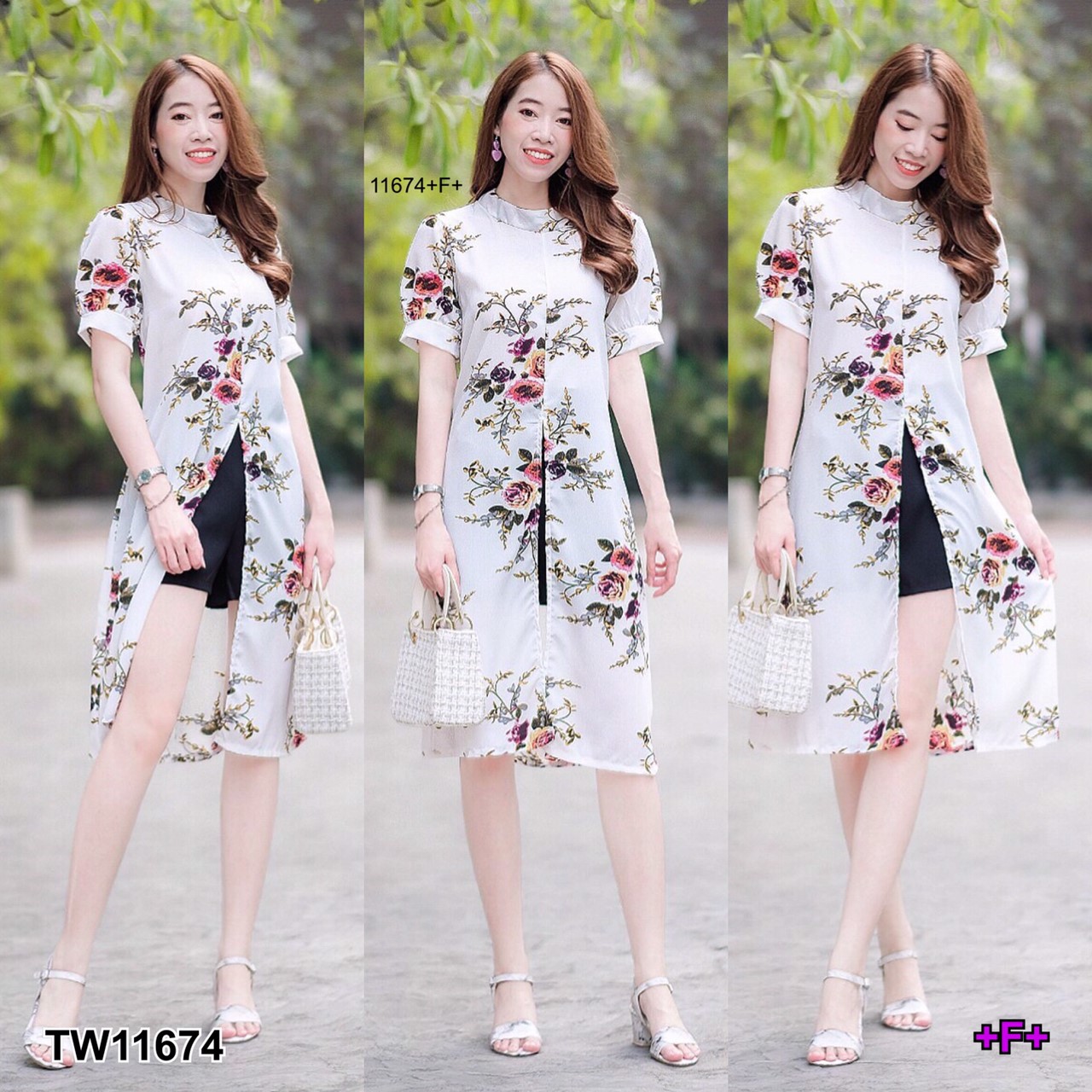 S11674 Set เสื้อตัวยาวผ่าหน้าลายกุหลาบ+กางเกงขาสั้น