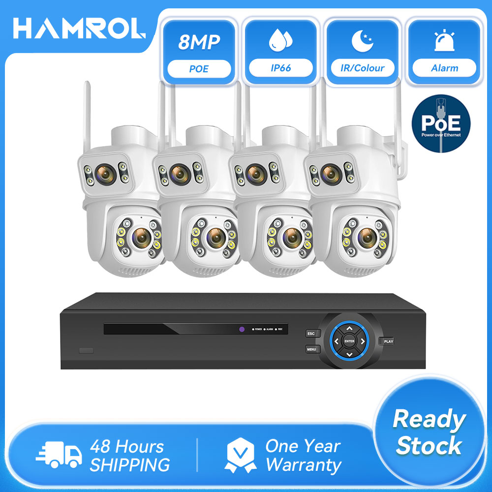 Hamrol 4K 8MP 8CH POE NVR 4CH Dual Lens PTZ POE Camera System Waterproof Safety Monitoring CCTV Set ราคา 8,099 บาท*ส่งฟรี