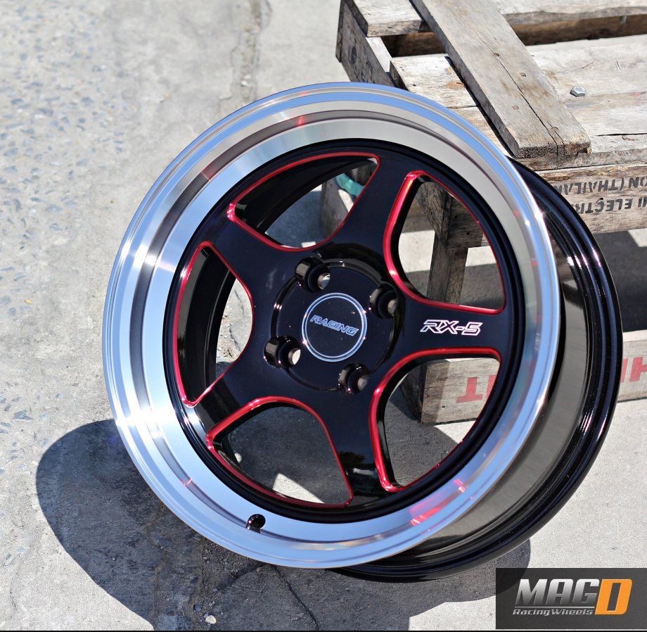 (ขาย4วงใหม่แกะกล่อง) ล้อแม๊กสำหรับรถเก๋งเล็กทั่วไป รุ่น ดำแดงเงา ขนาด : 15x7.0 PCD. 4/100 ET 35 ราคา 13,691 บาท*ส่งฟรี