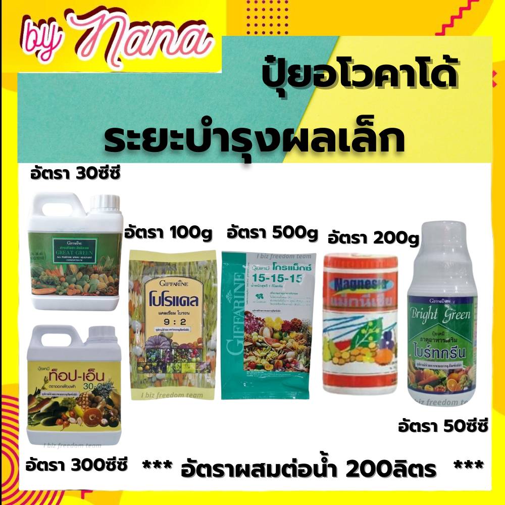 ปุ๋ย ปุ๋ยอโวคาโด้ ระยะบำรุงผลเล็ก ปุ๋ยกิฟฟารีน โบโรแคล เกรทกรีน ปุ๋ยเกล็ด 15-15-15 แมกนีเซีย ท๊อปเอ็น ไบร์ทกรีน กิฟฟารีนของแท้ Giffarine