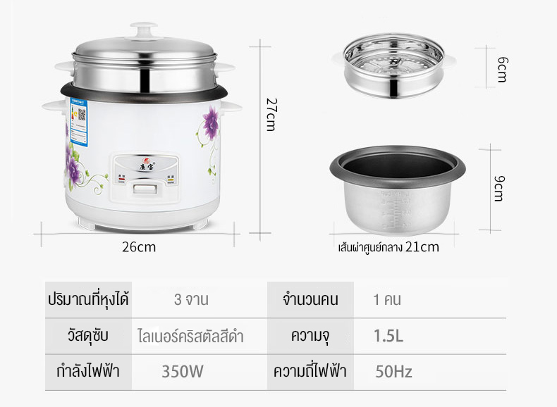 ข้อมูลเกี่ยวกับ Eytronic หม้อข้าวไฟฟ้า หม้อหุงข้าว 1.5ลิต หม้อหุงข้าวมัลติฟังก์ชั่นขนาดเล็กในครัวเรือน 1.5L หม้อนึ่ง หม้อปรุงอาหารสำหรับหอพักเล็กๆและผู้สูงอายุ หม้อหุงข้าว mini หม้อหุงข้าวเล็ก หม้อหุงข้าว 2ลิต