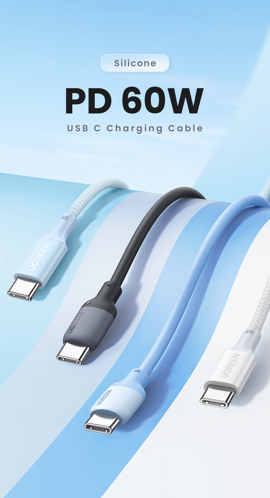 ลองดูภาพสินค้า UGREEN 60W PD USB-C to USB-C PD Fast Charging Skin-friendly Silicone Cord Data Cord for SAMSUNG S23 S22 S21 iPad Pro MacBooK Air Model: US263
