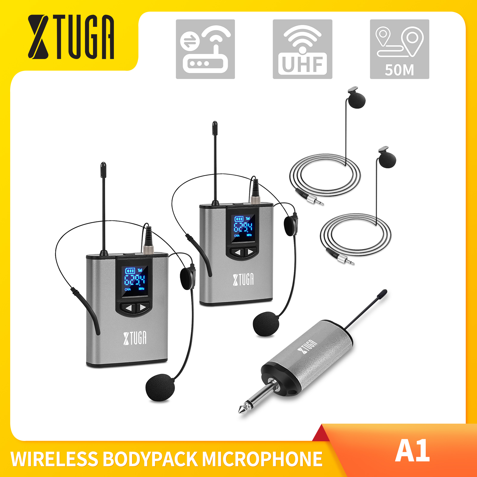 XTUGA A1 UHF Wireless Microphone with Whole Metal Portable Mini Bodypack Transmitter Match Headset & Lapel Microphone and Rechargeable Receiver Built-in 1/4" Output for Teacher, Speech, Interviews, Vlog Recording ราคา 1,199 บาท*ส่งฟรี