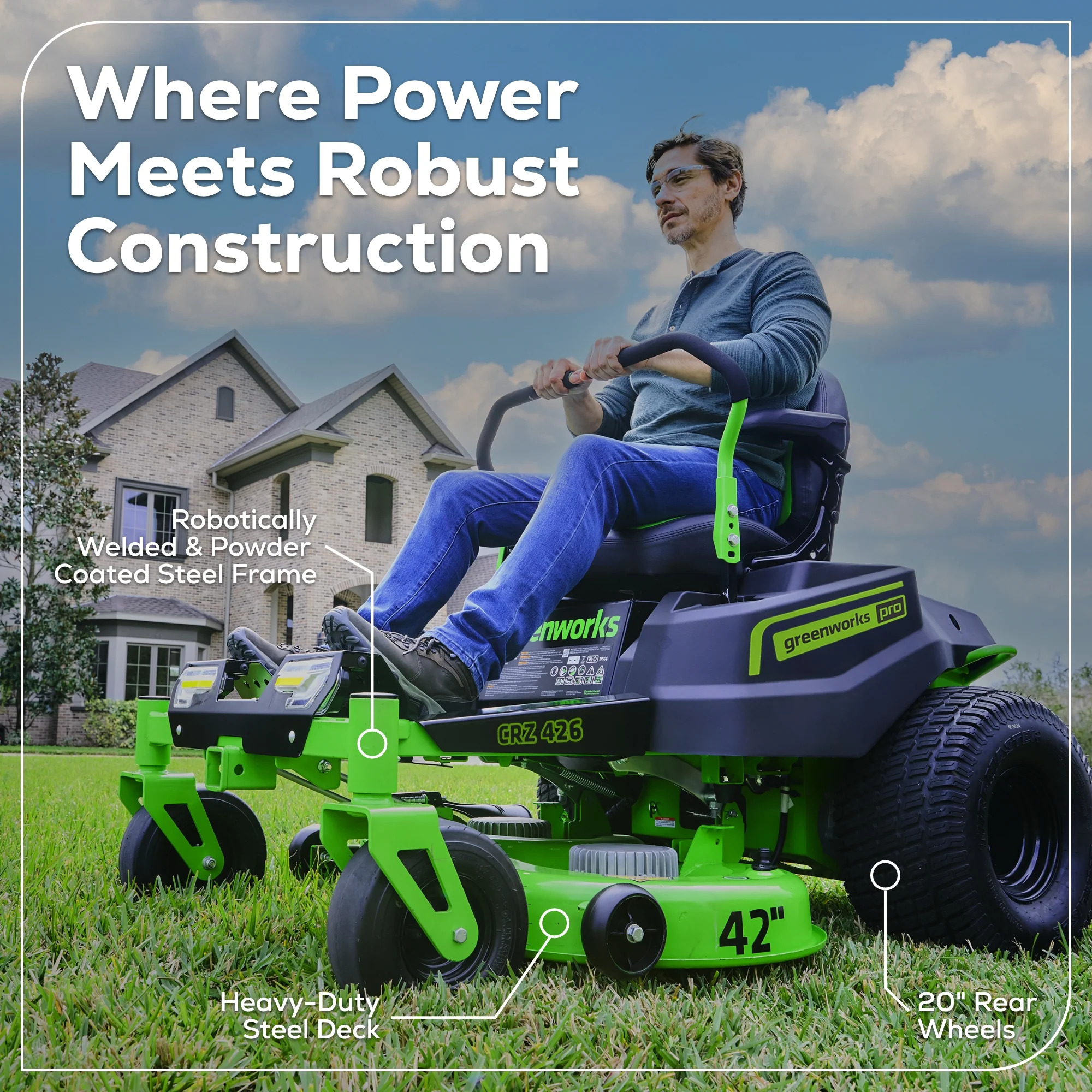 Greenworks Electric Ride On Lawn Mower, 60V Battery, 42-Inch Cutting Blade, Zero Turn, Model Crz 426 # Full of Features # Comes with 6 Batteries. # Led Display Screen - Ride on Lawn Mower ราคา 279,000 บาท*ส่งฟรี