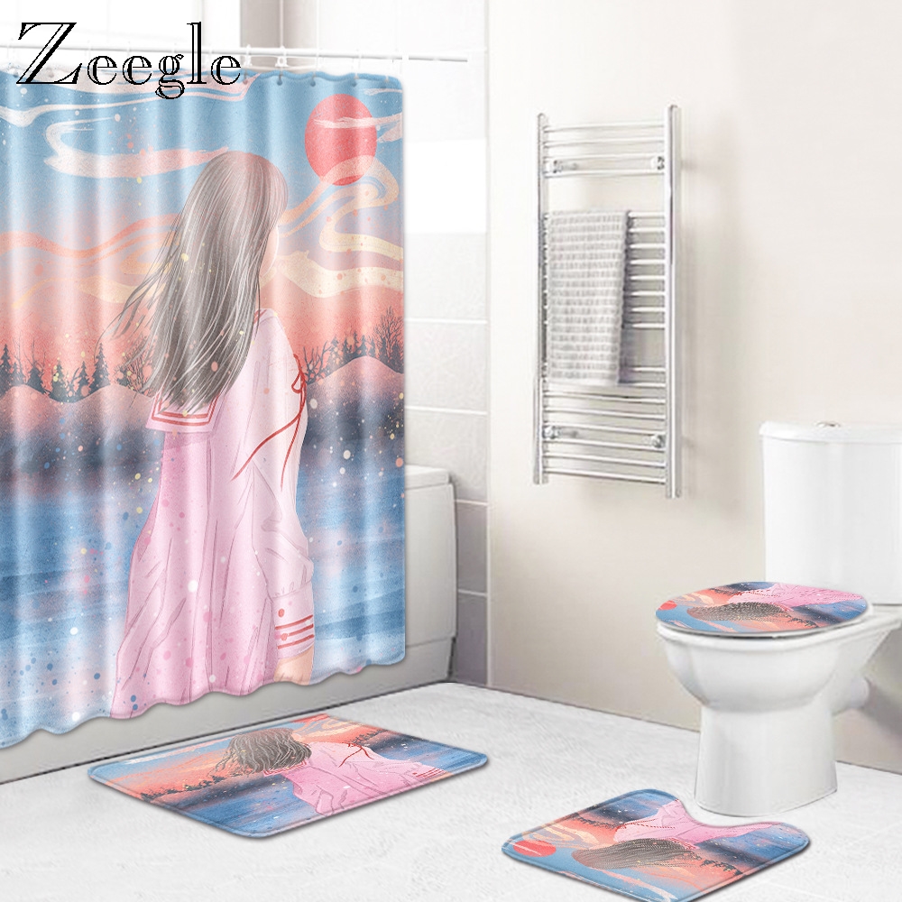 Zeegle Modern Bath Mat Set Cartoon Bathroom Mat Toilet Floor Mat Water Absorption Rug Anti-slip Toilet Rug Bath Shower Curtain