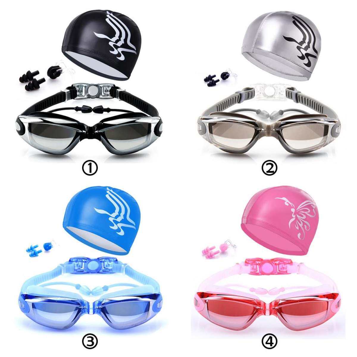 ภาพประกอบคำอธิบาย แว่นตาว่ายน้ำ ชุดหมวกว่ายน้ำ + แว่นตาว่ายน้ำ พร้อมคลิปหนีบจมูกหู + หมวก กันน้ำ UV Shatter – Proof