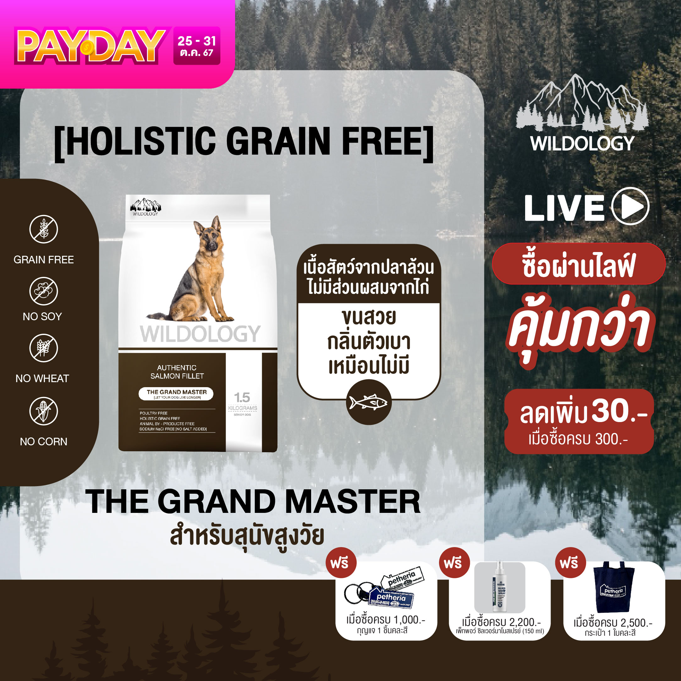 อาหารสุนัขแบบเม็ดเกรดโฮลิสติกเกรนฟรี สำหรับสุนัขสูงวัย WILDOLOGY THE GRAND MASTER ราคา 313 บาท*ส่งฟรี
