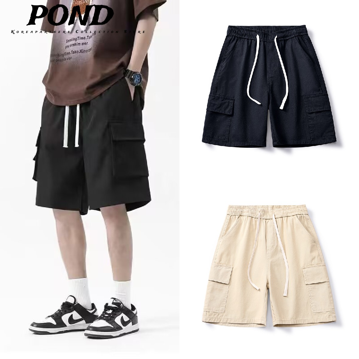 POND กางเกงขาสั้นผู้ชาย หลวม เสื้อคนงาน กระเป๋าข้าง ลำลอง เอวยางยืด ราคา 135 บาท*ส่งฟรี