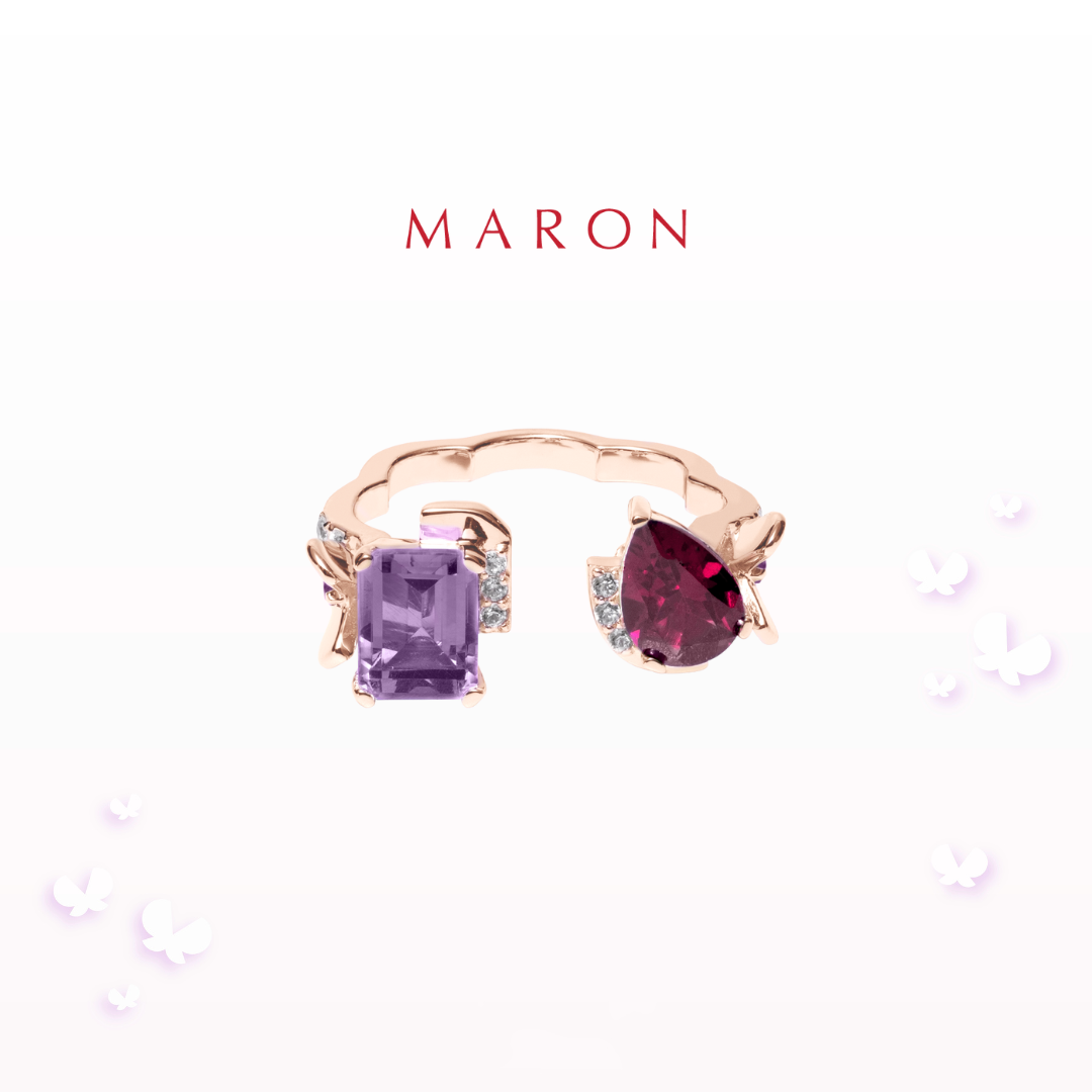 Maron - Happy Dream Open Ring with Amethyst and Rhodolite, Plated with Rose Gold, Amethyst Gemstone Ring. Rhodolite Garnet the Definition of Happiness Is Like a Dream after the Rain. ราคา 7,500 บาท*ส่งฟรี