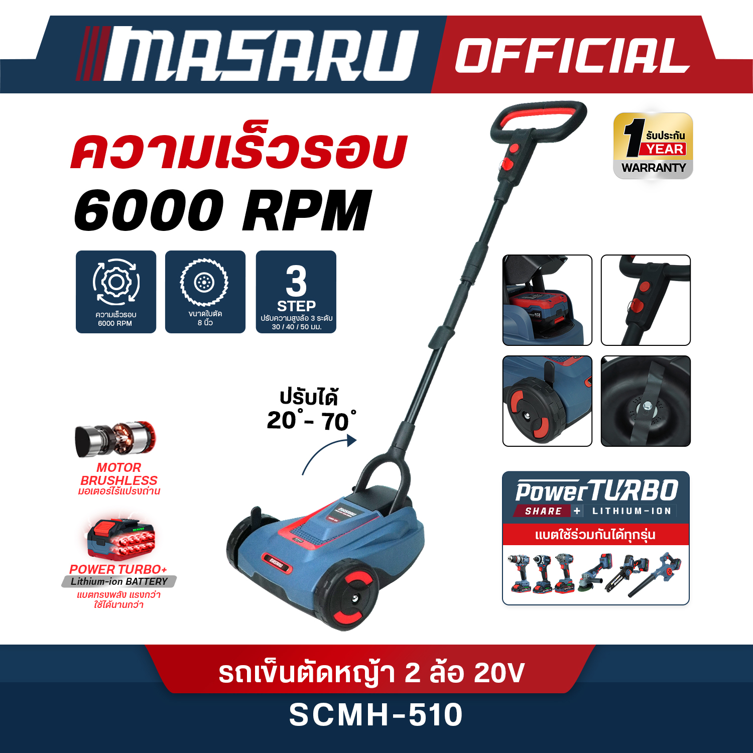 Masaru 2-Wheel Cordless Lawn Mower, Model Scm-510N, Brushless Motor, Powerturbo 20V Battery, Used for Agriculture, Gardens, Lawns, Grass Cutting, Battery, 3-Level Height Adjustment, 6000 Rpm ราคา 2,343 บาท*ส่งฟรี