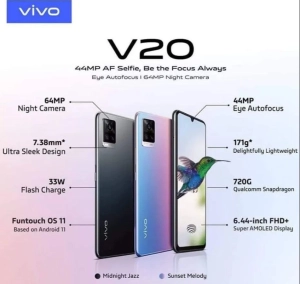 สินค้า Vivo V20 Ram8/128gb(เครื่องใหม่มือ1,ศูนย์ไทย, เคลียสตอค มีประกัน)กล้องหน้า Eye Autofocus มาพร้อม Android 11 ส่งฟรี!