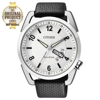2561 CITIZEN นาฬิกาข้อมือผู้ชาย Eco-Drive พลังงานแสง รุ่น AW0010-01A - Silver/White สายหนังแท้ สีดำ