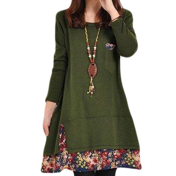 Hang-Qiao Women Thick Dress Long Sleeve Floral Splice Army Green image