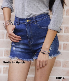 FIREFLY กางเกงยีนส์ขาสั้น เอวสูง แต่งขาด ปลายรุ่ย รุ่น HL014 FIREFLY กางเกงยีนส์ขาสั้น เอวสูง แต่งขาด ปลายรุ่ย รุ่น HL014