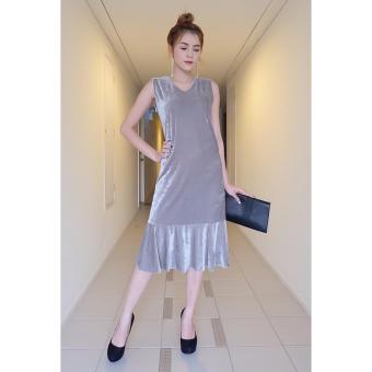 Fashionstory ชุดเดรสกำมะหยี่แขนกุดคอวีระบายชาย รุ่น 1011_สีเทา