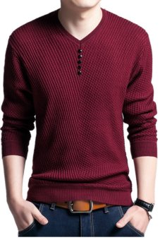 ผ้าขนสัตว์สีทึบแบบสวมชายเสื้อถักคอวีเสื้อลำลอง (ไวน์แดง) ผ้าขนสัตว์สีทึบแบบสวมชายเสื้อถักคอวีเสื้อลำลอง (ไวน์แดง)
