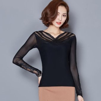 2559 ใหม่ของผู้หญิงแขนยาวเสื้อยืดคอวีลึกเจาะร่างผอมบาง gauze ร้อนสีดำ 2559 ใหม่ของผู้หญิงแขนยาวเสื้อยืดคอวีลึกเจาะร่างผอมบาง gauze ร้อนสีดำ