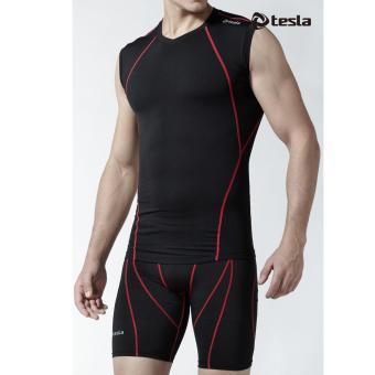 Tesla เสื้อเบสเลเยอร์รัดกล้ามเนื้อคอวีแขนกุด สีดำขลิบแดง Tesla เสื้อเบสเลเยอร์รัดกล้ามเนื้อคอวีแขนกุด สีดำขลิบแดง