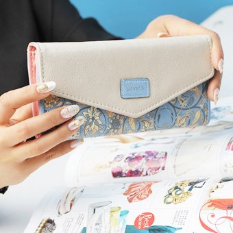 Beauty bag กระเป๋าสตางค์ใบยาว กระเป๋าเงินผู้หญิง กระเป๋าสตางค์น่ารัก รุ่น LW-017 (สีฟ้า/สีขาว)