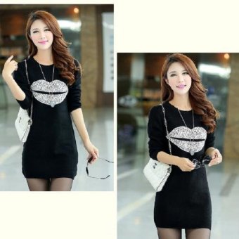Dolly เดรสสั้น แขนยาวผ้ายืด เสื้อยืด สกรีนรูปปาก (สีดำ) รุ่น339 Dolly เดรสสั้น แขนยาวผ้ายืด เสื้อยืด สกรีนรูปปาก (สีดำ) รุ่น339