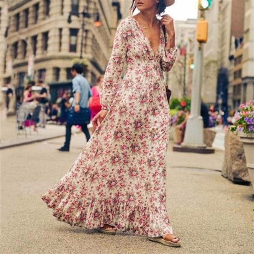 Ishowmall Floral Print Sexy V-Neck Long Sleeve Women Casual Boho Long Maxi Dress - intl image