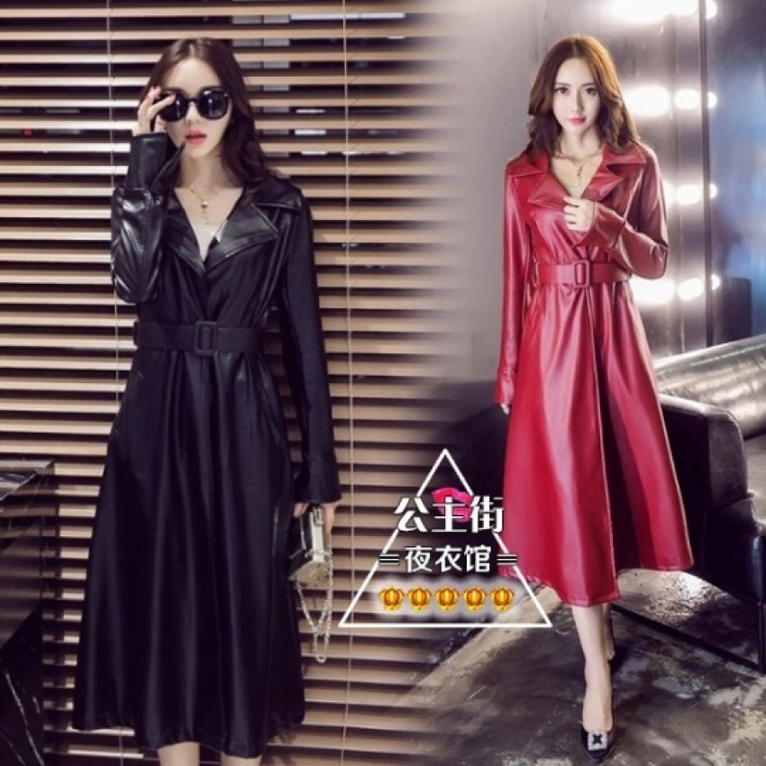 ดูภาพ MU 2017 Autumn Dress New Style Korean-Style Temperament Long-Sleevedcollar Waist Strap Waist Long Section Of Solid Color Leather Coatjacket (Black) - intl เพิ่มเติม MU 2017 Autumn Dress New Style Korean-Style Temperament Long-Sleevedcollar Waist Strap Waist Long Section Of Solid Color Leather Coatjacket (Black) - intl
