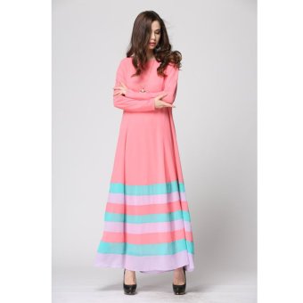 Muslim Women Long-sleeved Rainbow Stripe Dress (Pink) Muslim Women Long-sleeved Rainbow Stripe Dress (Pink)