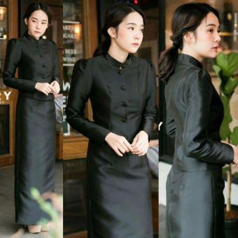 ชุดผ้าไหมไทยจิตรดา ผ้าไหมเนื้อเงาสวย สีดำ ไทยจิตรลดาเสื้อยกไหล่จับจีบน้อย กระดุมหน้า -สีดำ ชุดผ้าไหมไทยจิตรดา ผ้าไหมเนื้อเงาสวย สีดำ ไทยจิตรลดาเสื้อยกไหล่จับจีบน้อย กระดุมหน้า -สีดำ