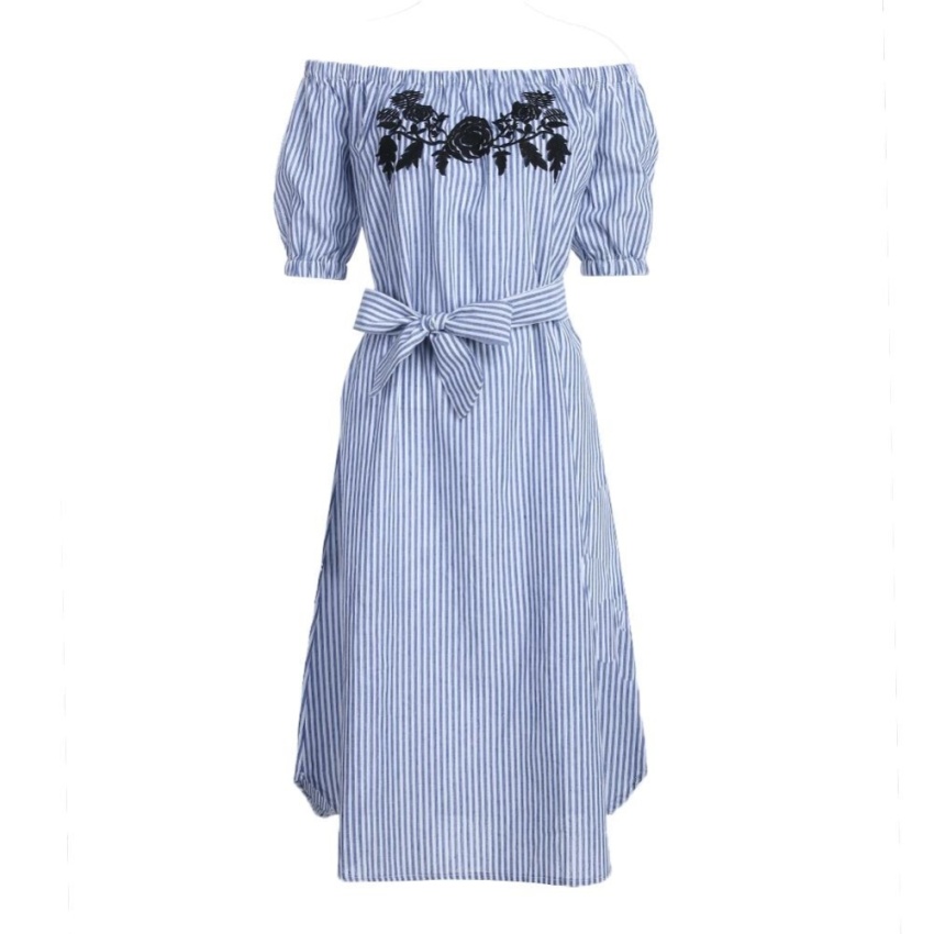 Trendy Off Shoulder Blue Striped Floral Embroidery Women Half Sleeve Dress - intl image