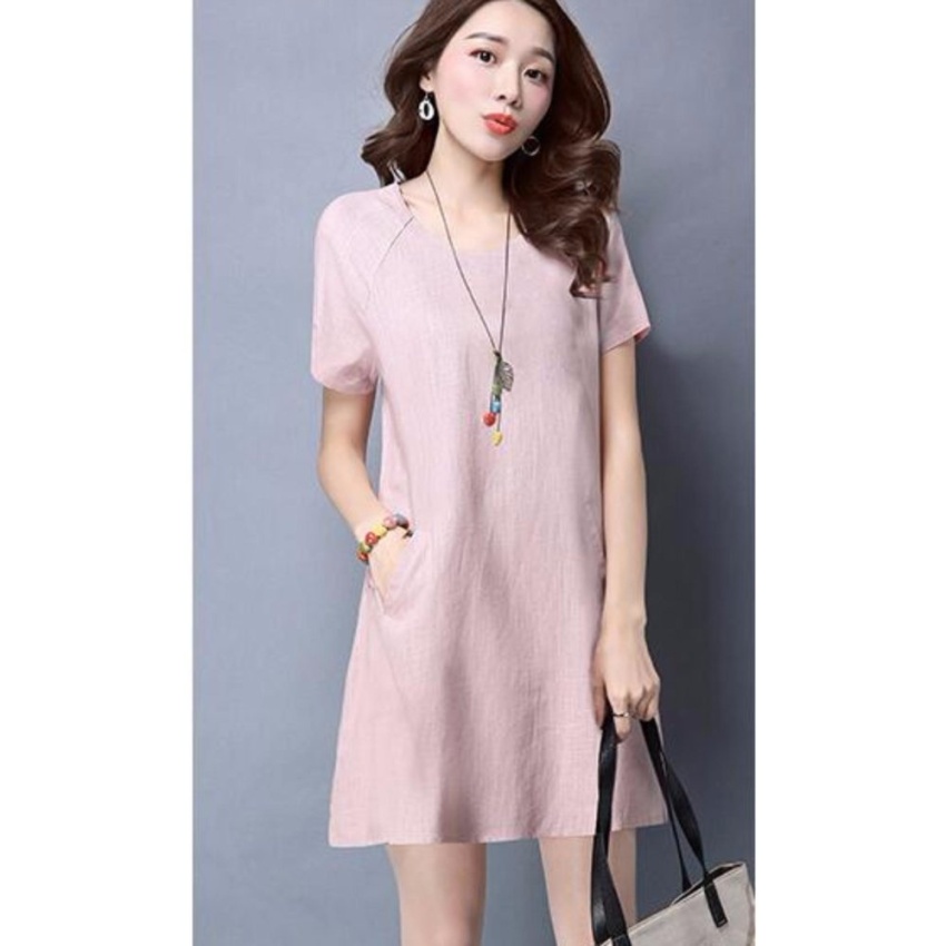 Women Short Sleeve Pockets O-Neck Tops Loose Casual Cotton A-line Mini Dress (pink color) - intl image