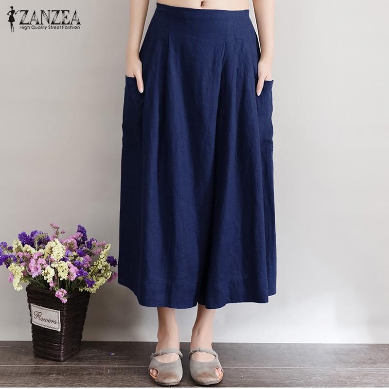 ดูภาพ ZANZEA Women Fashion Linen Pants Casual Loose Trousers (Navy) - intl เพิ่มเติม ZANZEA Women Fashion Linen Pants Casual Loose Trousers (Navy) - intl