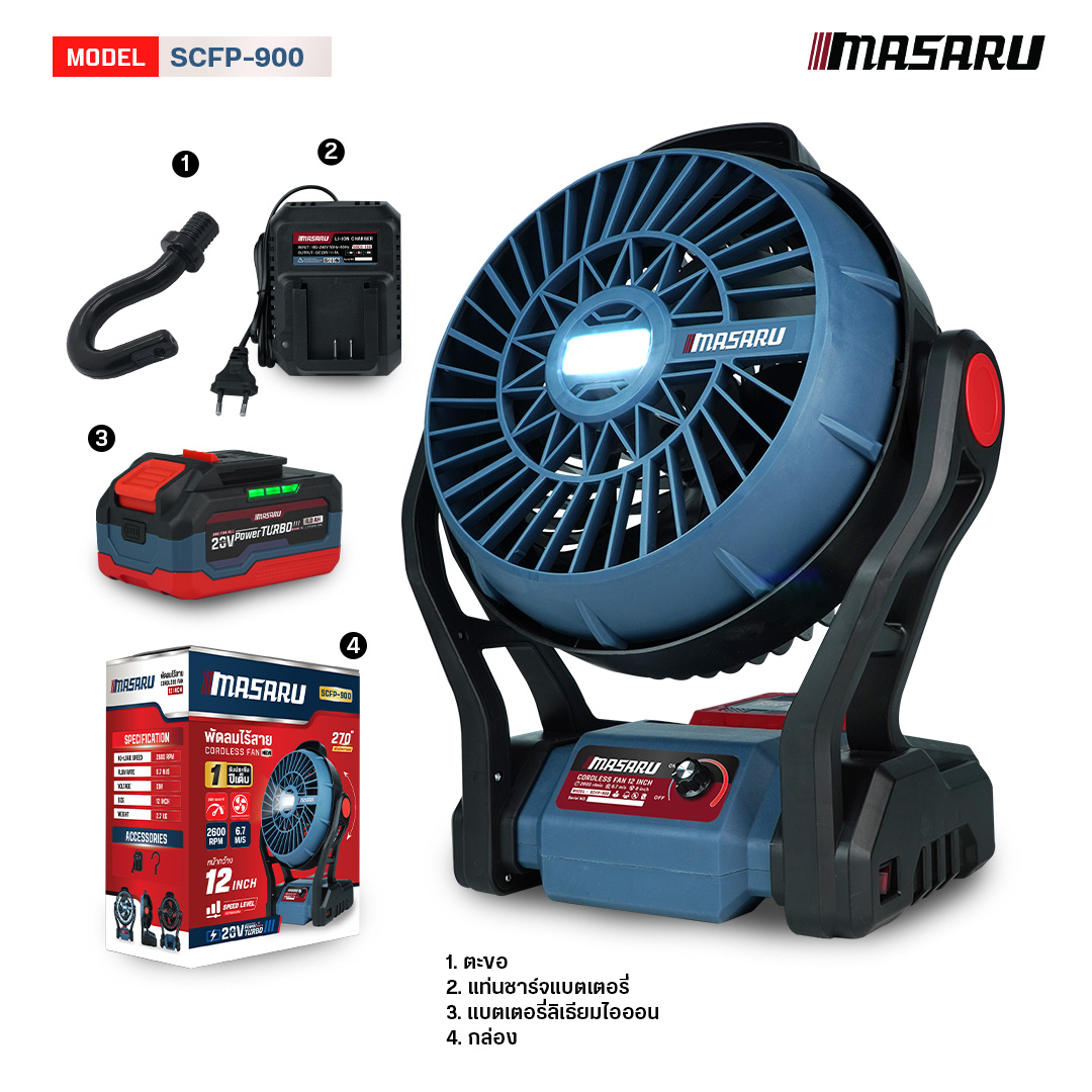 1 Year Warranty Masaru 12-Inch Wireless Fan, Model Scfp-900, Battery Fan, Strong Wind, Long-Lasting Coolness, Portable Fan, Camping Fan, Fan, Waterproof and Dustproof. Has Led Lighting, Lightweight ราคา 1,486 บาท*ส่งฟรี