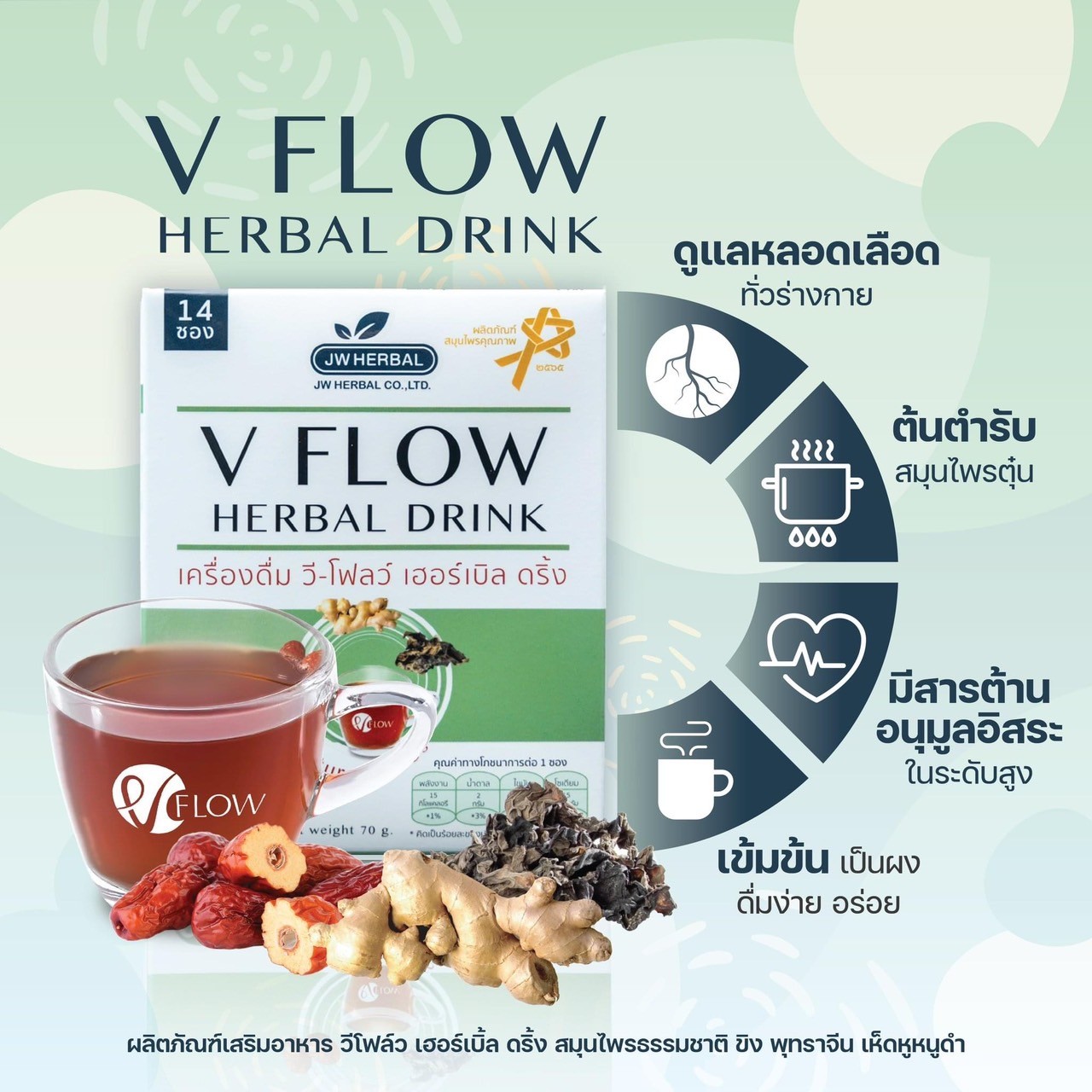 ผลิตภัณฑ์เพื่อสุขภาพและอุปกรณ์ทางการแพทย์ V Flow ใหม่เครื่องดื่มสมุนไพร vflow สมุนไพรล้างหลอดเลือด ลดความดันโลหิต สารสกัดจากโรคหลอดเลือดหัวใจตีบ ขิง พุทรา เห็ดหูดำจีน
