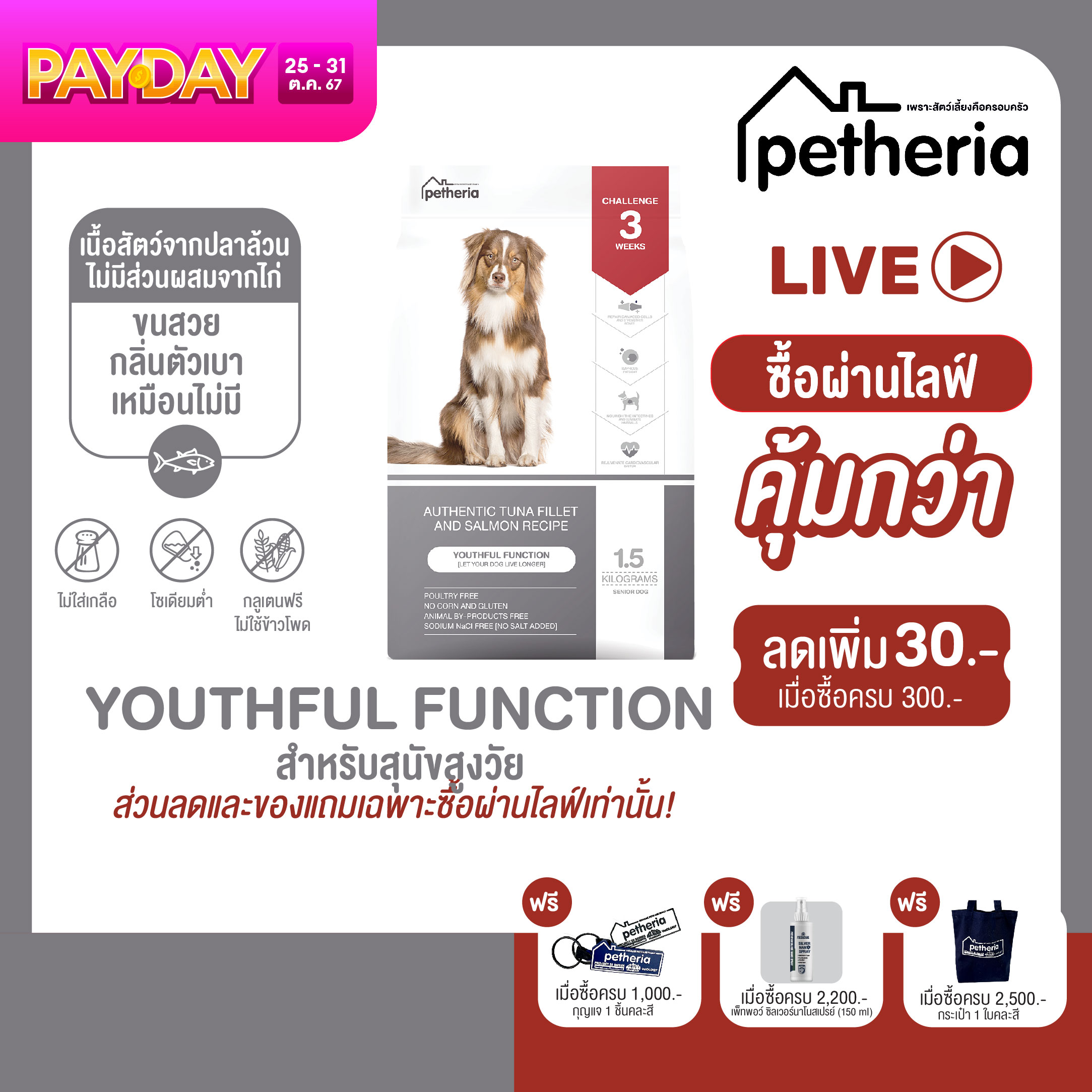 อาหารสุนัขสูงวัย YOUTHFUL FUNCTION จากเพ็ทเทอเรีย ราคา 247 บาท*ส่งฟรี